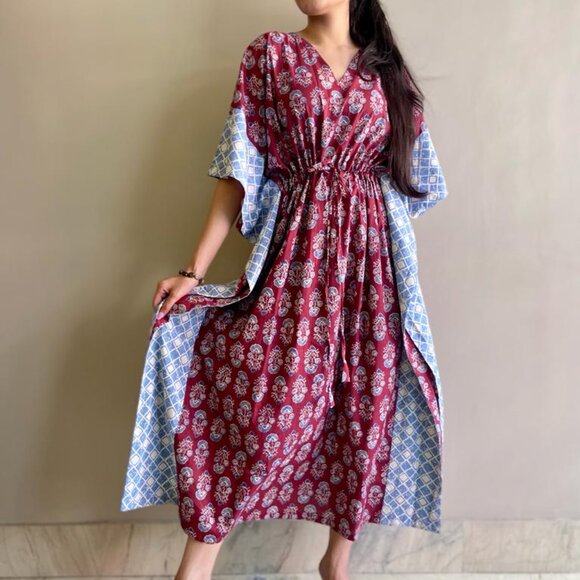 Brand New Women Indian Handmade Cotton Kaftan Hand Block Print Caftan Gown - Picture 3 of 8
